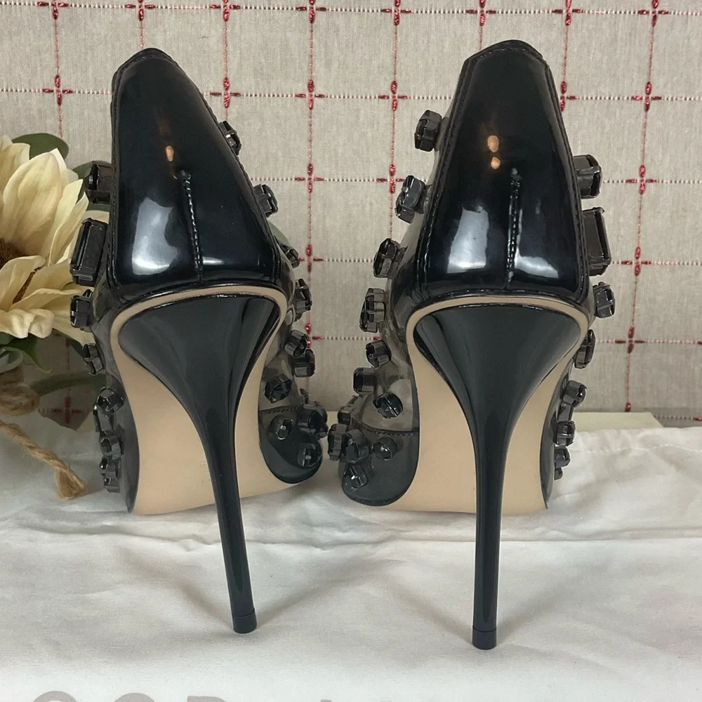 Good American 'Jeweled Emma” Clear PUMP Size 9 Light Smoke Black New Stiletto - Picture 4 of 7